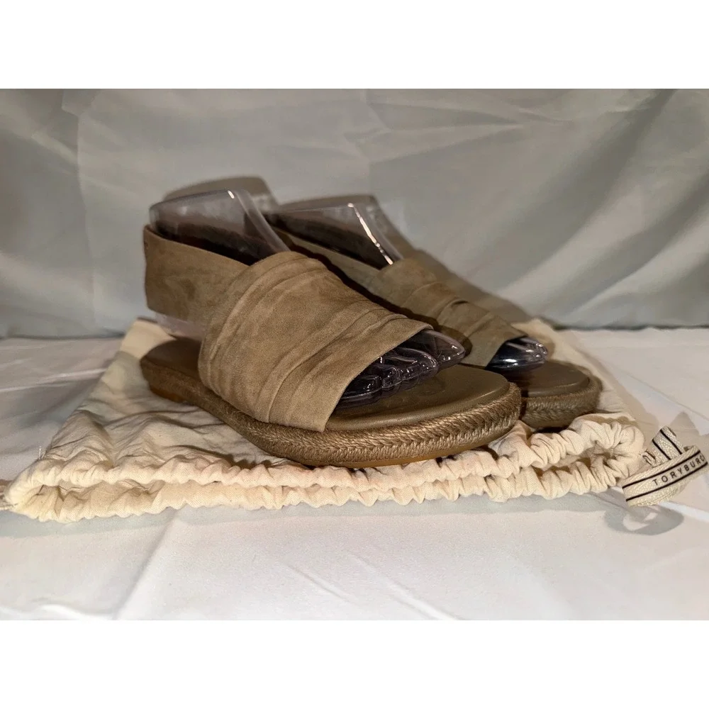 Tory Burch Tan Suede Ruched Espadrille Slingback Flat Sandals 7